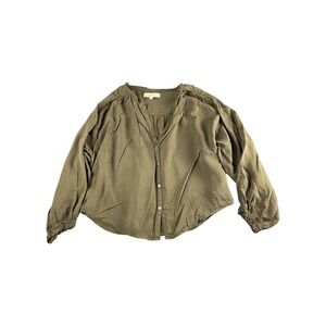 LOFT Olive Green Striped V-Neck Button Front Blouse Long Sleeve‎ Cropped Top S